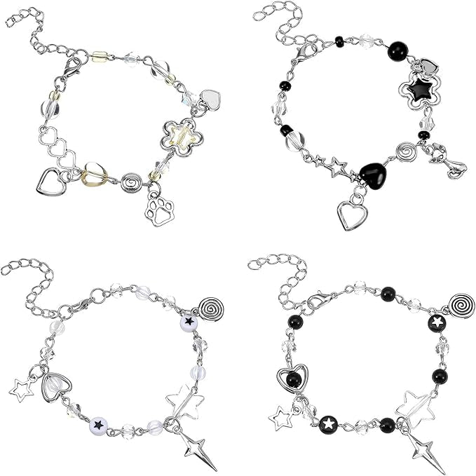 4 süße Y2K Perlenarmbänder Silber