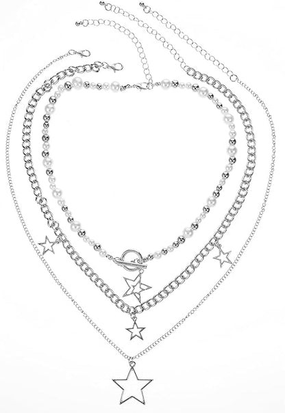 Set aus 3 Halsketten Silber - Perlen und Sternanhänger