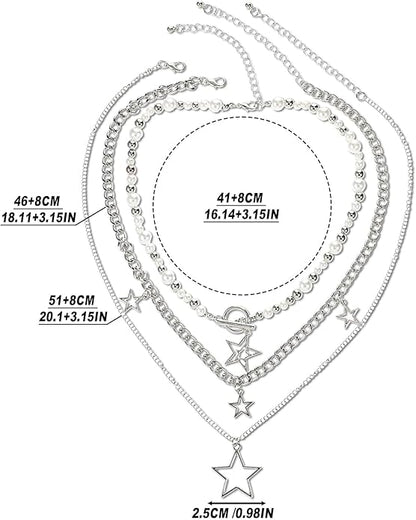 Set aus 3 Halsketten Silber - Perlen und Sternanhänger