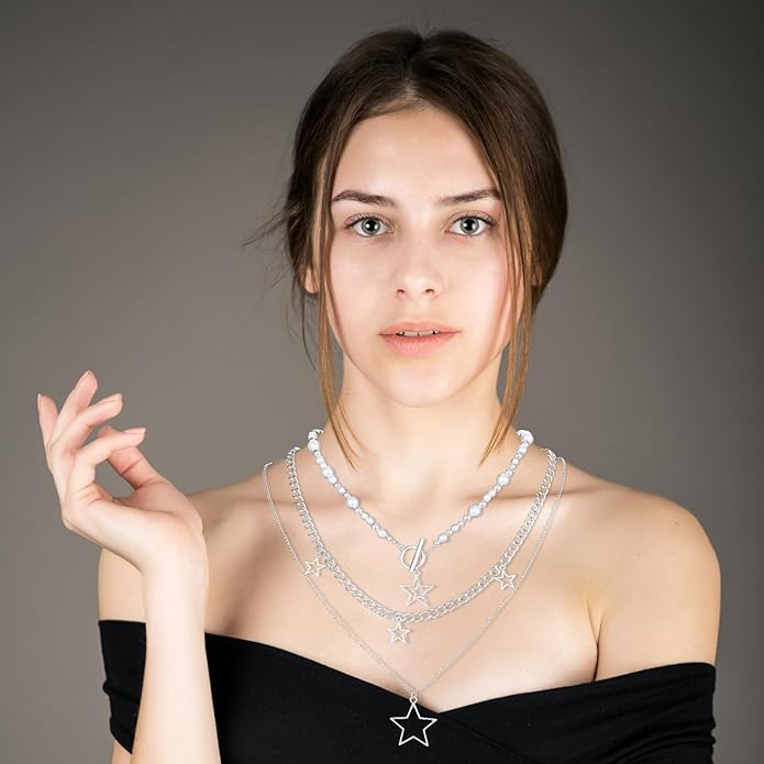 Set aus 3 Halsketten Silber - Perlen und Sternanhänger