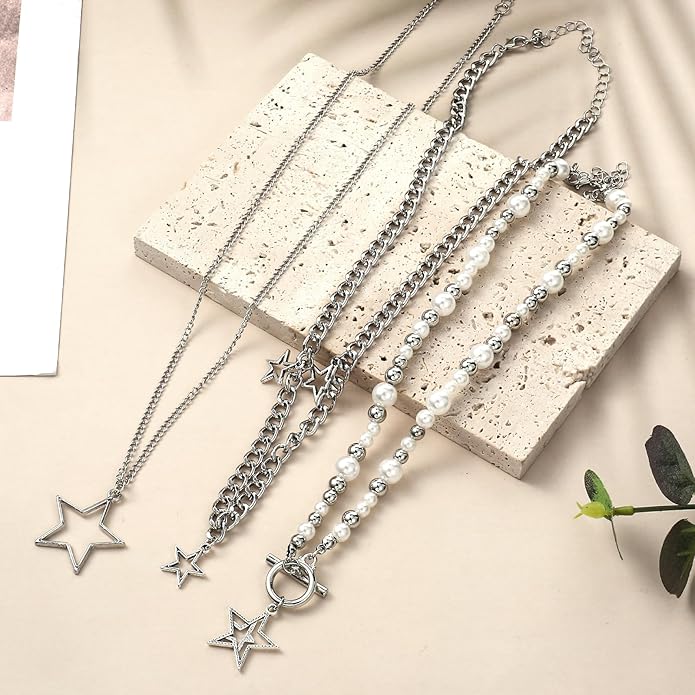 Set aus 3 Halsketten Silber - Perlen und Sternanhänger