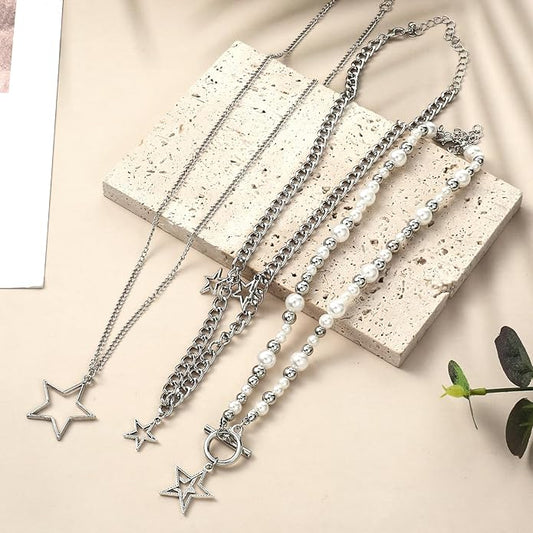 Set aus 3 Halsketten Silber - Perlen und Sternanhänger