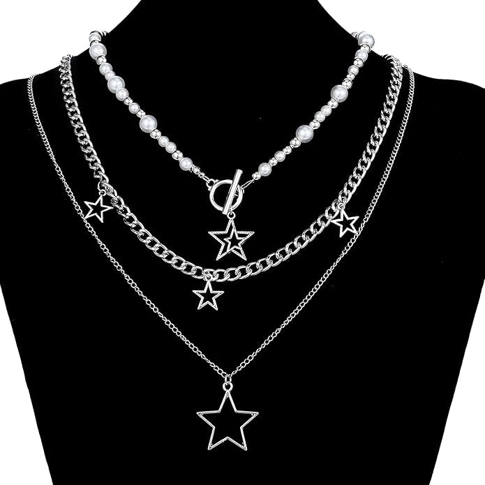 Set aus 3 Halsketten Silber - Perlen und Sternanhänger