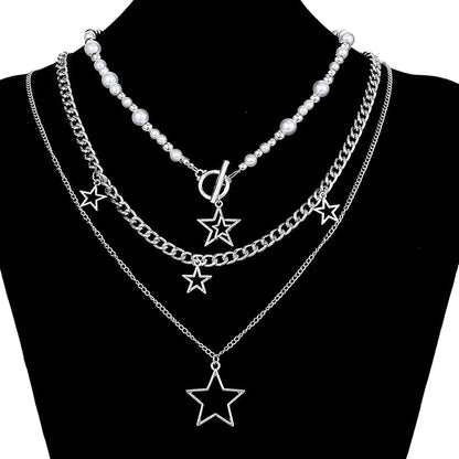 Set aus 3 Halsketten Silber - Perlen und Sternanhänger