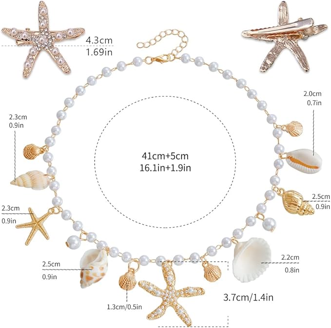 Muschelhalskette & 2 Seestern Haarspangen - Gold